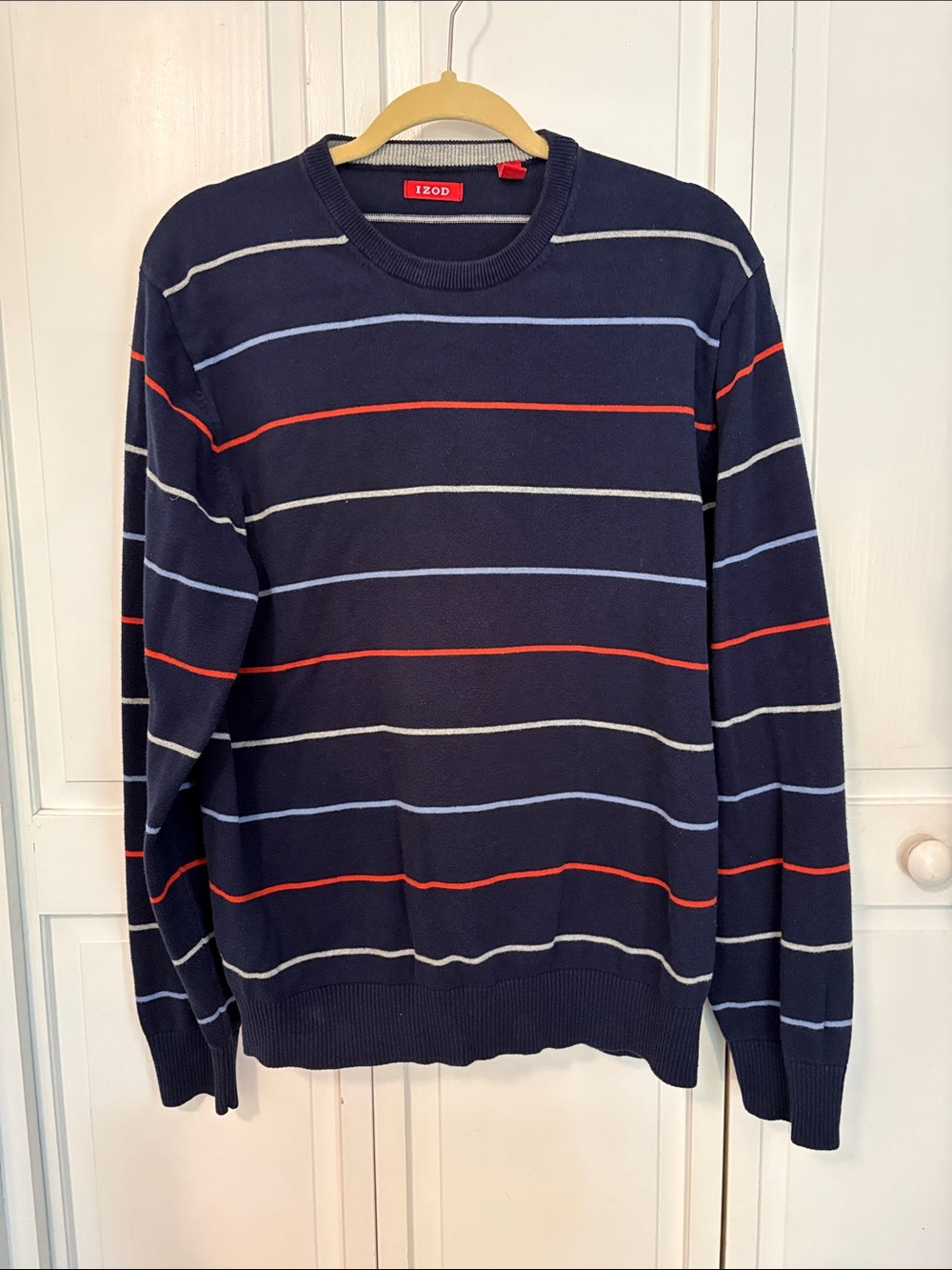 IZOD Navy Crewneck Sweater with Red, Light Blue & White Stripes